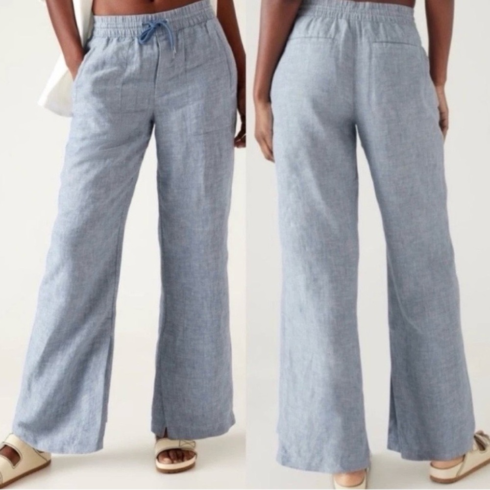 Athleta Retreat Linen High Ride Wide Leg Pant Women's Chambray Blue Coastal